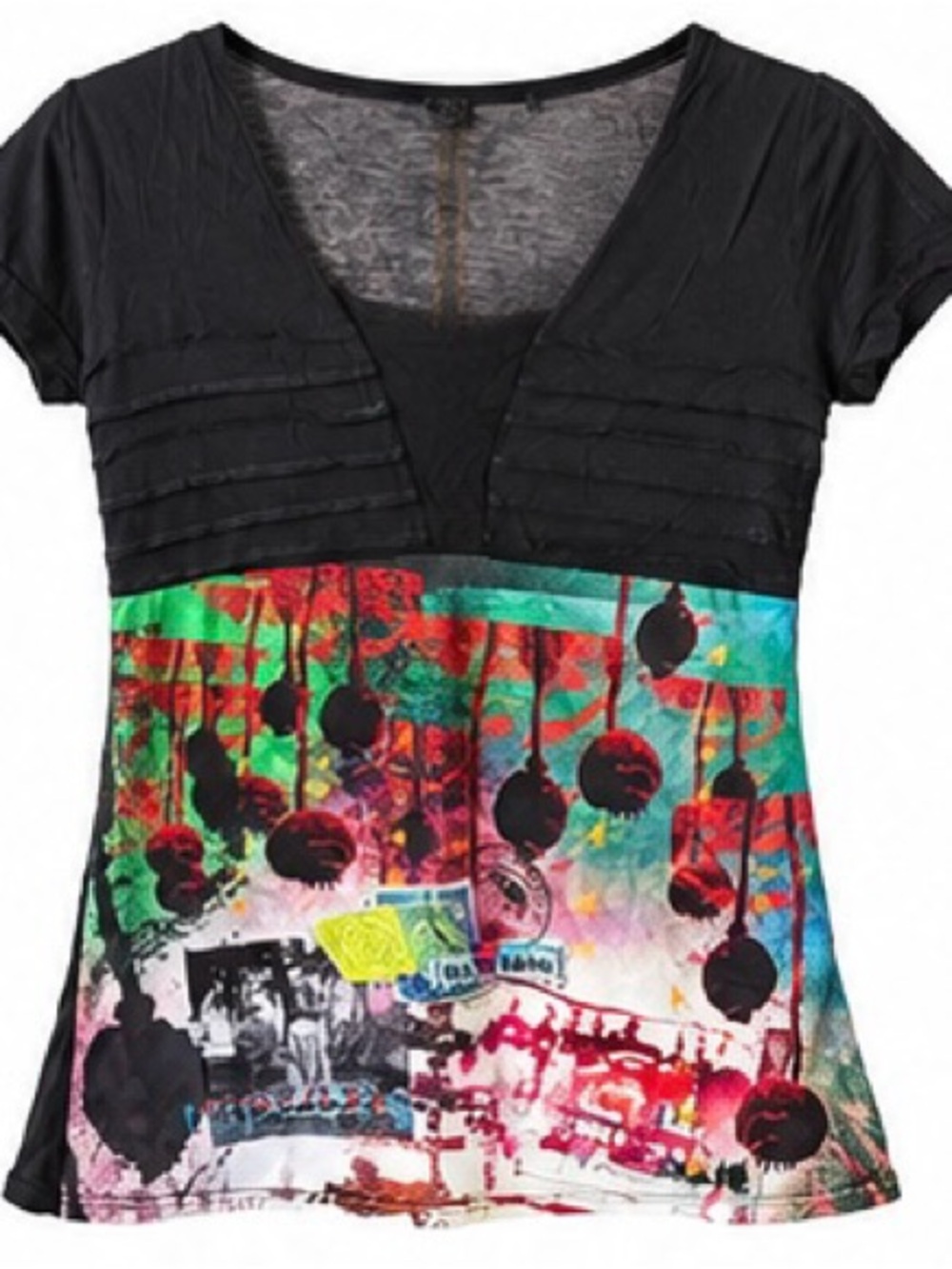 Desigual Women's Black V-Neck Short Sleeve Top with Graphic Panel-no tag